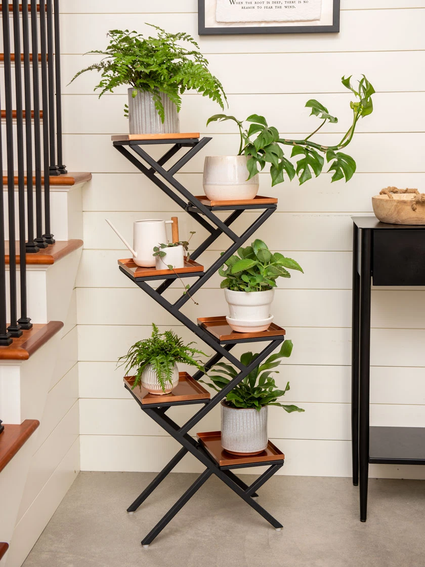 Crisscross Cascading Plant Stand With Copper Trays